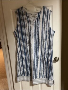 Sleeveless Blue and White Striped Tunic Dress with pocket’s